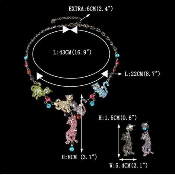 Hematite Black Multicolored Austrian Crystal Kitty Cat Necklace and Earrings Set - Picture 6 of 7